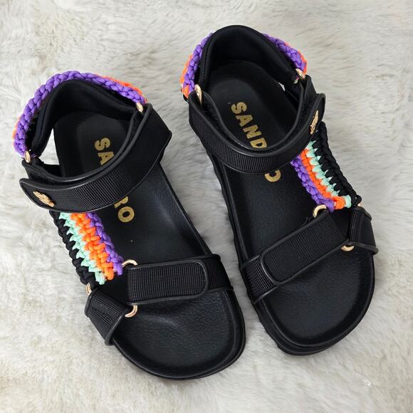 NEW Sandro Paris Black Crochet Shell Platform Sport Sandals Noir Leather EU 37 - Picture 6 of 16